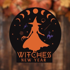 Witches’ New Year Vinyl Sticker – Glossy Water‑Resistant Samhain Decal for Water Bottles, Laptops, Cars