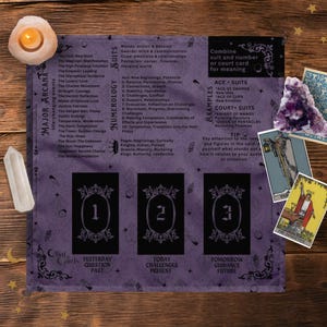 Tirada de 3 cartas con palabras clave, tela de tarot morada para principiantes, tela vintage para lectura de tarot, tapete para lectura de tarot