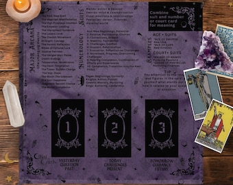3 Card Spread With Keywords Tarot Cloth| Purple Tarot Cloth For Reading Beginners | Vintage Tarot Reading Cloth | Tarot Reading Mat |