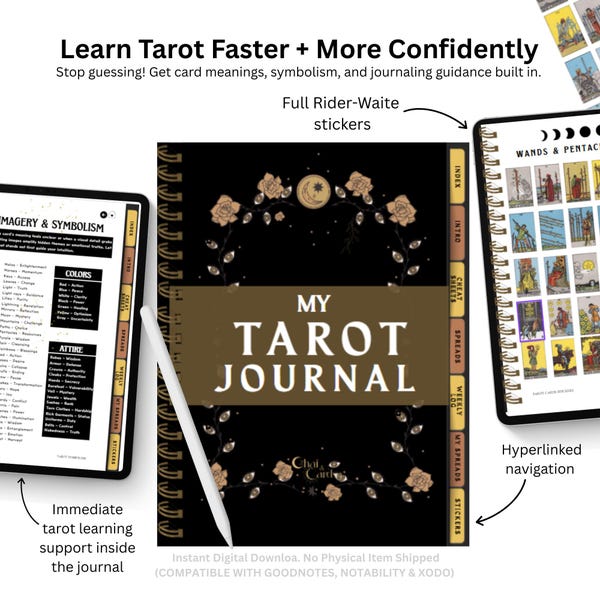 Digital Tarot Journal for Beginners – Hyperlinked Tarot Planner PDF, Tarot Reading Log, Cheat Sheets, iPad GoodNotes Journal
