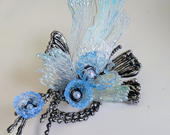 Broche d'art - Bleu translucide, Vert verre de mer, Argenté - Accessoires faits main Bijoux tendance