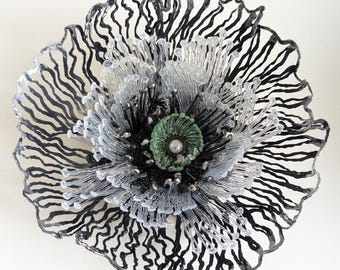 Grande broche fleur moderne - Bijoux artistiques dessinés à la main au stylo 3D, touches de noir transparent