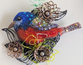 Broche d'art 3D dessinée à la main oiseau et fleurs - détails en bronze et argent - bijoux tendance