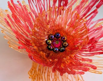 Broche d'art 3D dessinée à la main - Fleur translucide orange vif rouge - accessoires faits main / pièce maîtresse