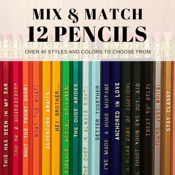 12 Mix + Match Engraved Pencil Set, funny pencils, tv show quotes, teacher gift, gifts under 20, back to school gift, fun school supplies