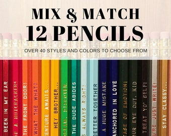 12 Mix + Match Engraved Pencil Set, funny pencils, tv show quotes, teacher gift, gifts under 20, back to school gift, fun school supplies