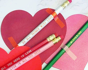 Love Heart Valentine Engraved Pencil & Card 6 Pack, Sweet and Fun Valentine Gift, gift under 10, gift for teacher, friend gift, sweet gifts