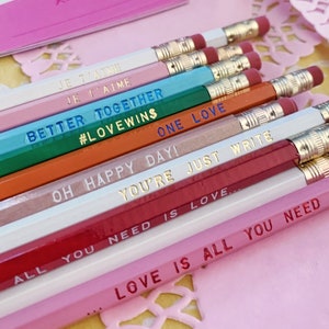18 Boxed Mix & Match Earmark Engraved Pencil set, affordable fun gift, tv show quotes, cubicle buddy, teacher gifts, valentines day gift
