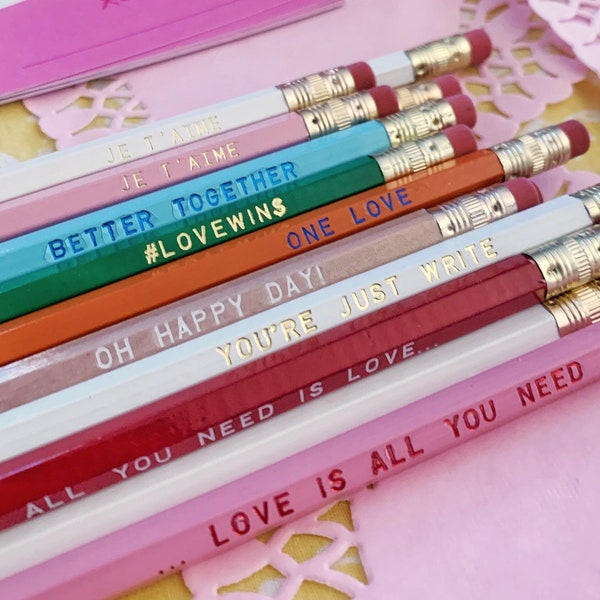 18 Boxed Mix & Match Earmark Engraved Pencil set, affordable fun gift, tv show quotes, cubicle buddy, teacher gifts, valentines day gift