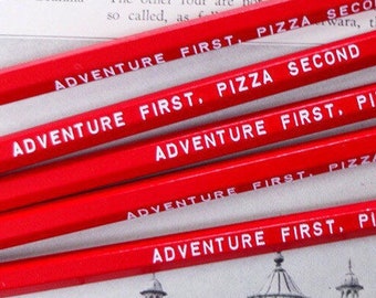 Adventures and Pizza Pencil 6 pack, Earmark Pencils, engraved pencils, pizza party, pizza pencils, adventure pencils, party favors