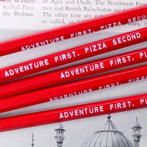 Adventures and Pizza Pencil 6 pack, Earmark Pencils, engraved pencils, pizza party, pizza pencils, adventure pencils, party favors image 1