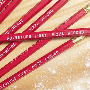 Adventures and Pizza Pencil 6 pack, Earmark Pencils, engraved pencils, pizza party, pizza pencils, adventure pencils, party favors image 2