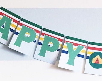 Happy Travels Cabin Garland Party decoration, wall art, paper banner, camp party, camping decor, tent decor, glamping, summer parties