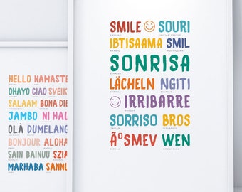 Worldly Smiles Language Art, office art, principal, teacher art, classroom, therapist art, kids room, linguist, sonrisa, smile, smile art