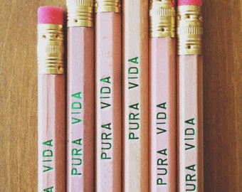 PURA VIDA Natural Wood Pencil 6 Pack - costa rica inspired gift ideas, pure life, motivational cool pencils, high end pencils, made in usa