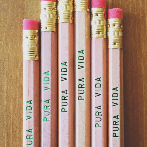 PURA VIDA Natural Wood Pencil 6 Pack - costa rica inspired gift ideas, pure life, motivational cool pencils, high end pencils, made in usa