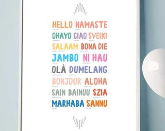 Printable Wall Art Modern Hello, Language Art, Type, Colorful prints, Printable language, Digital Download, Modern Nursery, last minute gift