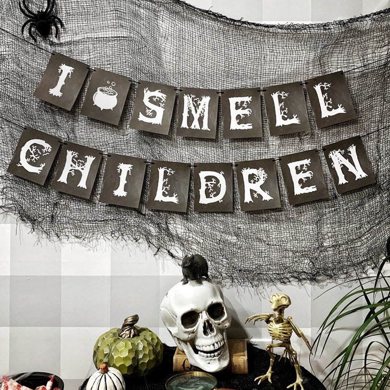 I Smell Children Hocus Pocus Halloween Party Garland, ready to hang halloween decor, trunk or treat decorations, spooky halloween banner image 1