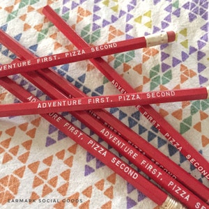 Adventures and Pizza Pencil 6 pack, Earmark Pencils, engraved pencils, pizza party, pizza pencils, adventure pencils, party favors image 4