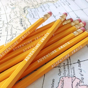 Adventure Awaits Pencil 6 Pack in yellow, Back To School Pencils, fun stocking gift, yellow pencils, travel theme pencil, school supplies image 4
