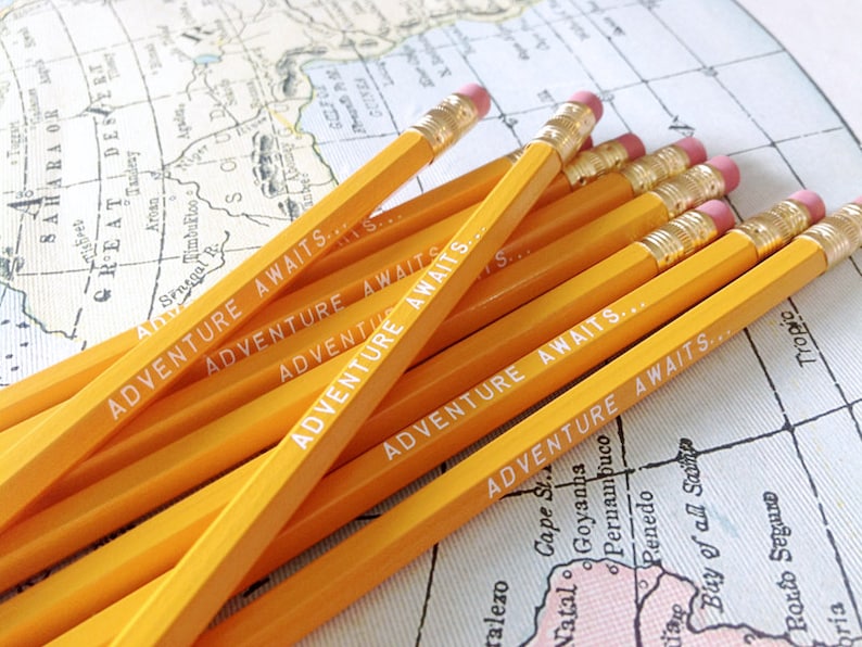 Adventure Awaits Pencil 6 Pack in yellow, Back To School Pencils, fun stocking gift, yellow pencils, travel theme pencil, school supplies image 4