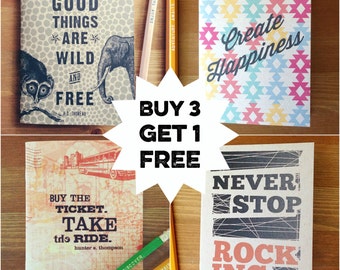 Buy 3 Get 1 FREE Pocket-Sized Notebooks, kraft cover and recycled paper, travel journal, portable sketchbook