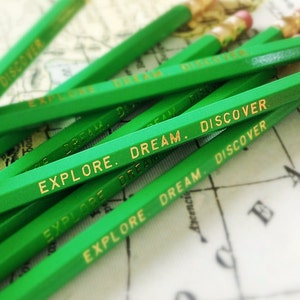 Explore. Dream. Discover. Green Pencils, pencil pack, travel gifts, adventure gifts, mothers day, graduation gift, fathers day, teacher gift