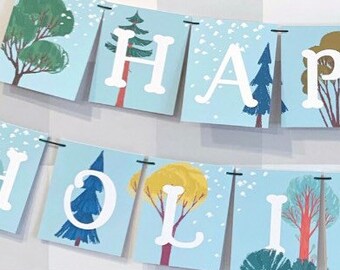 Winter Trees Happy Holiday ready to ship Garland, nature garland, xmas garland, xmas banner, winter decor