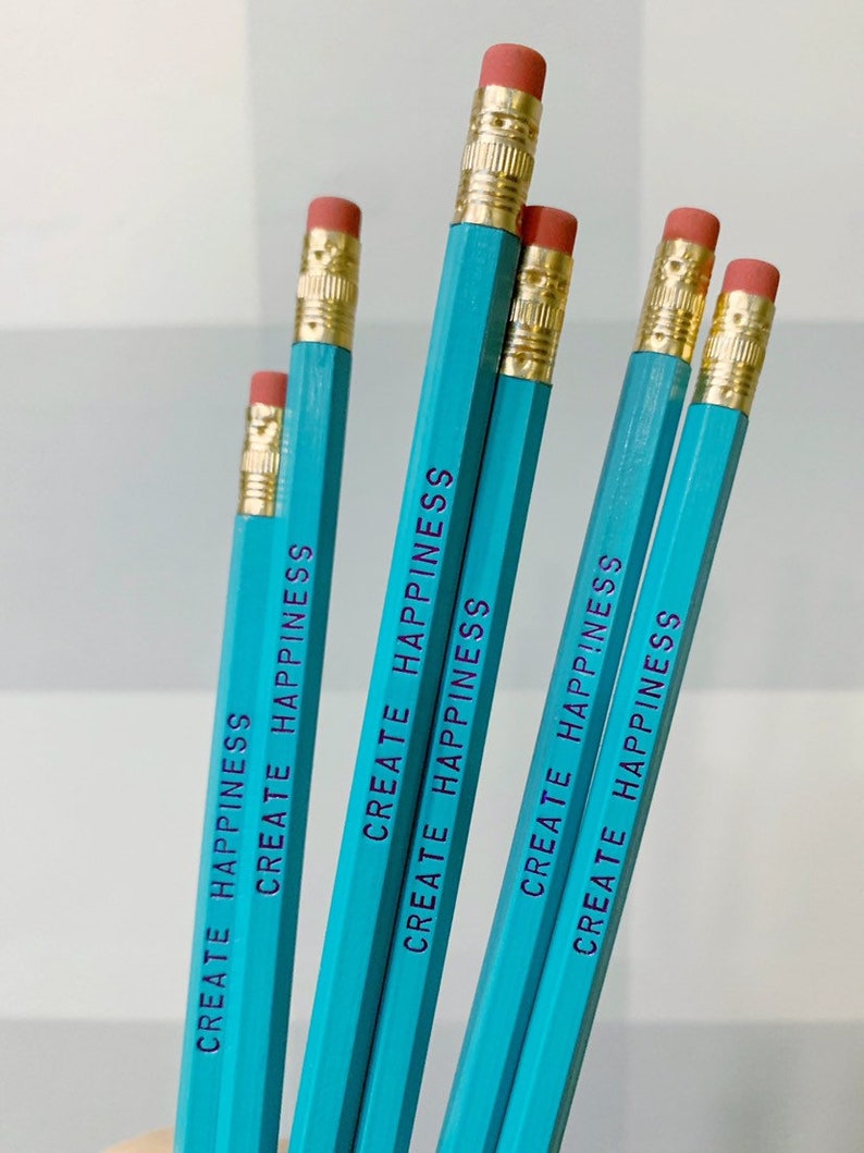 Create Happiness Engraved Pencil 6 pack, Earmark Social Goods Pencils, happy pencil set, wood pencils, turquoise pencils, no. 2 graphite image 2