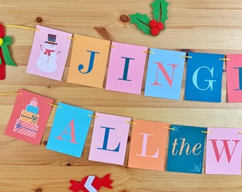 Jingle All the Way Vintage Retro holiday Garland Decoration. Whimsical and festive Christmas sign. Cute fireplace mantle decor.