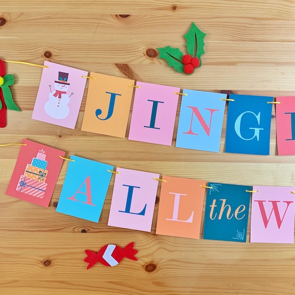 Jingle All the Way Vintage Retro holiday Garland Decoration. Whimsical and festive Christmas sign. Cute fireplace mantle decor.