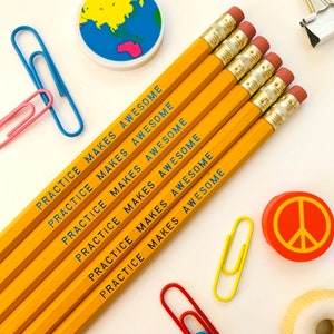 Back to School Practice Makes Awesome Engraved Pencil 6 Pack Yellow, teacher gift, motivational pencils, funny pencils, Pencil Set, student