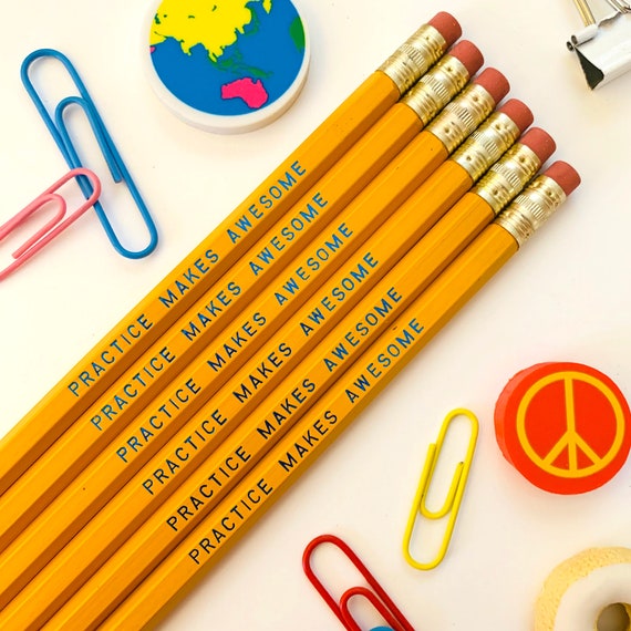 Back to School Practice Makes Awesome Engraved Pencil 6 Pack Yellow,  Teacher Gift, Motivational Pencils, Funny Pencils, Pencil Set, Student 