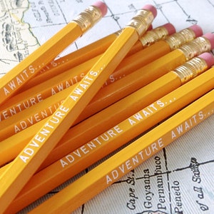 Adventure Awaits Pencil 6 Pack in yellow, Back To School Pencils, fun stocking gift, yellow pencils, travel theme pencil, school supplies image 3