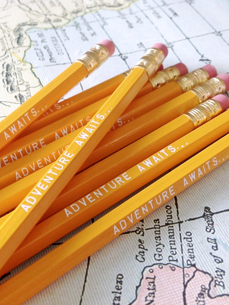 Adventure Awaits Pencil 6 Pack in yellow, Back To School Pencils, fun stocking gift, yellow pencils, travel theme pencil, school supplies image 3