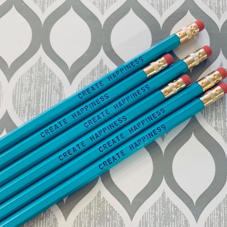 Create Happiness Engraved Pencil 6 pack, Earmark Social Goods Pencils, happy pencil set, wood pencils, turquoise pencils, no. 2 graphite image 4