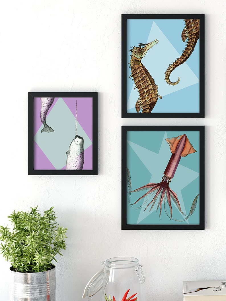 May include: Three framed art prints featuring sea creatures. One print shows a seahorse, another a narwhal, and the third a squid. The prints have black frames and are displayed against a white wall.