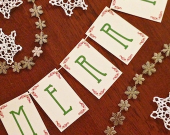 Red & Green Merry Christmas Banner on Kraft. Beautiful holiday decor, Merry Christmas garland, xmas banner, fireplace decor, mantle decor