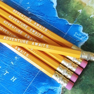 Adventure Awaits Pencil 6 Pack in yellow, Back To School Pencils, fun stocking gift, yellow pencils, travel theme pencil, school supplies image 5