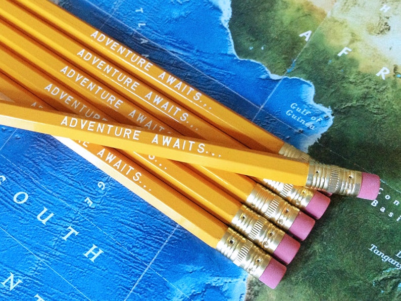 Adventure Awaits Pencil 6 Pack in yellow, Back To School Pencils, fun stocking gift, yellow pencils, travel theme pencil, school supplies image 5