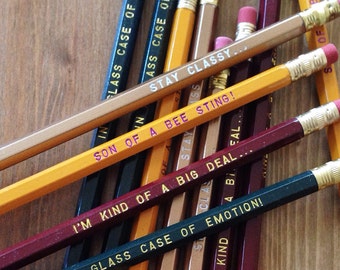 12 ANCHORMAN Engraved Pencil Pack, stay classy, funny gifts, gifts for dad, stocking, holiday gift, Ron Burgundy, movie quotes, funny pencil