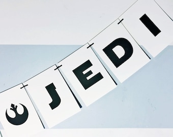 Jedi Star Wars Paper Garland Party Banner, Jedi Decoración de cumpleaños, guirnalda de fiesta, signo de cumpleaños, cumpleaños de estrellas, signo de Star Wars, decoración de Star Wars