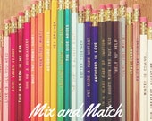Mix and Match Engraved Earmark Pencils 6 Pack, tv show quotes, travel quote, motivational pencil, pencil set, pencil bag, cork bag, engraved