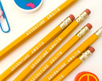 Adventure Awaits Pencil 6 Pack in yellow, Back To School Pencils, fun stocking gift, yellow pencils, travel theme pencil, school supplies