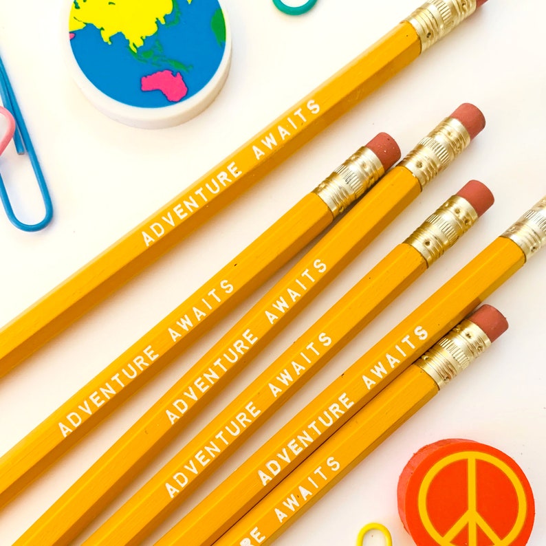 Adventure Awaits Pencil 6 Pack in yellow, Back To School Pencils, fun stocking gift, yellow pencils, travel theme pencil, school supplies image 1