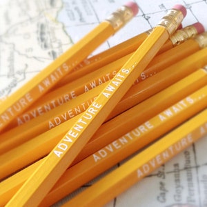 Adventure Awaits Pencil 6 Pack in yellow, Back To School Pencils, fun stocking gift, yellow pencils, travel theme pencil, school supplies image 2