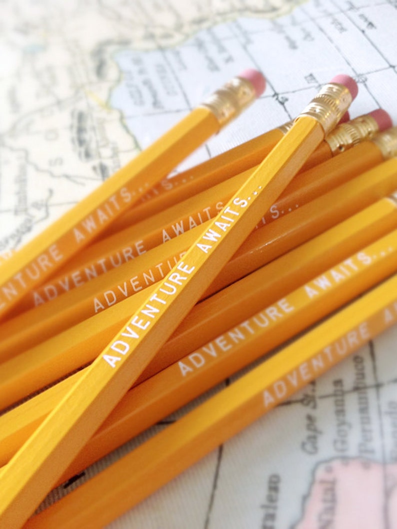 Adventure Awaits Pencil 6 Pack in yellow, Back To School Pencils, fun stocking gift, yellow pencils, travel theme pencil, school supplies image 2