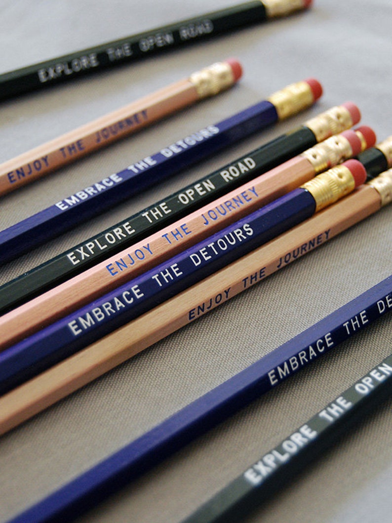 12 Road Trip Series Engraved Pencils. Enjoy the journey, open road, Let's Explore. Van life, traveler gift, adventure stocking gift image 1