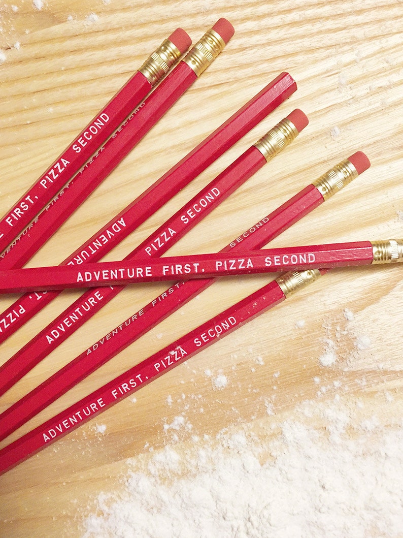 Adventures and Pizza Pencil 6 pack, Earmark Pencils, engraved pencils, pizza party, pizza pencils, adventure pencils, party favors image 2