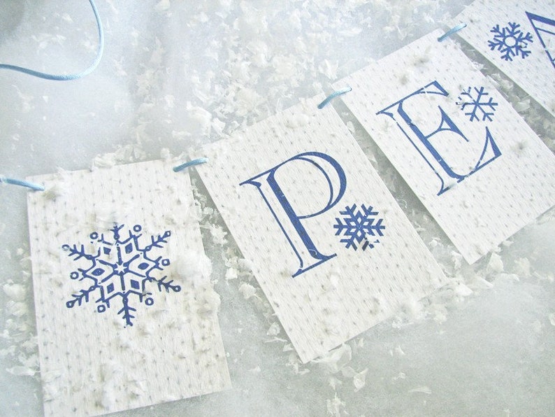 Peace on Earth Knit Holiday Decoration Christmas garland, fireplace decor, snow decor, snowflake bunting, hanukkah decor, pre strung banner image 1